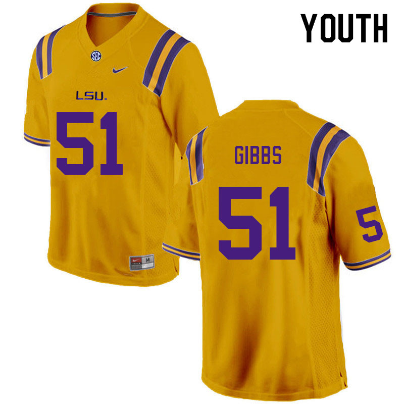 Youth #51 Dylan Gibbs LSU Tigers College Football Jerseys Sale-Gold
